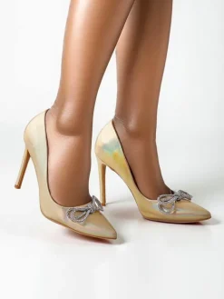 Buty Na Wielkie Wyjście|Klasyczne^Royalfashion Czółenka damskie a'la satynowe z kokardką Hefion złoty