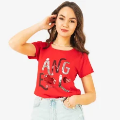Bluzki / Koszule / Koszulki^Royalfashion damski t-shirt z napisem z cekinów czerwony