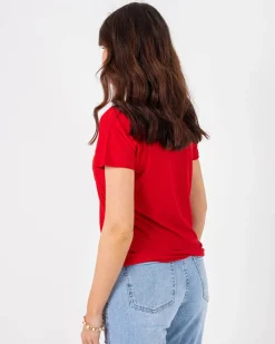 Bluzki / Koszule / Koszulki^Royalfashion damski t-shirt z kolorowym printem i cekinami czerwony