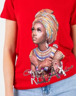 Bluzki / Koszule / Koszulki^Royalfashion damski t-shirt z kolorowym printem i cekinami czerwony