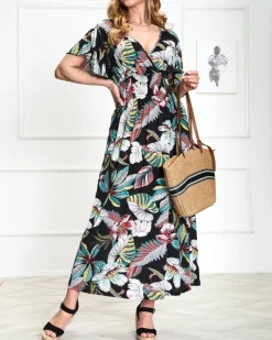 Sukienki Długie|Plus Size^Royalfashion Damska czarma sukienka midi w kwiaty czarny