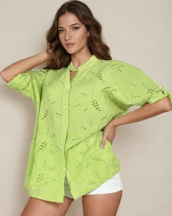 Bluzki / Koszule / Koszulki^Royalfashion Damska koszula z haftem oversize zielony