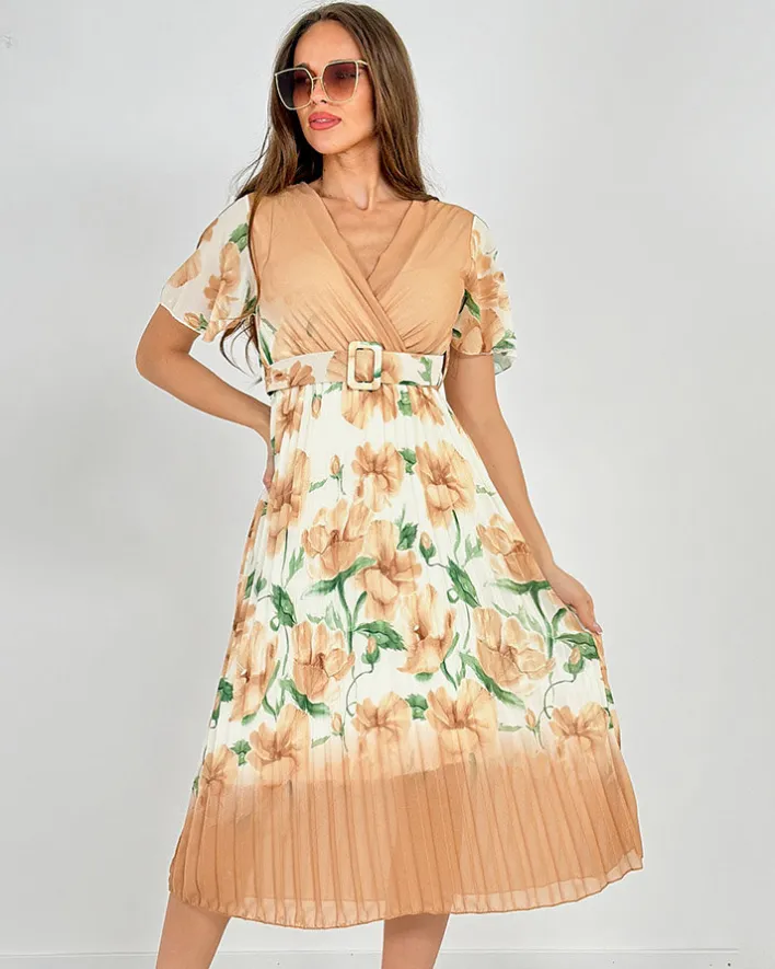 Sukienki Długie^Royalfashion Damska plisowana sukienka midi w kwiaty beżowy