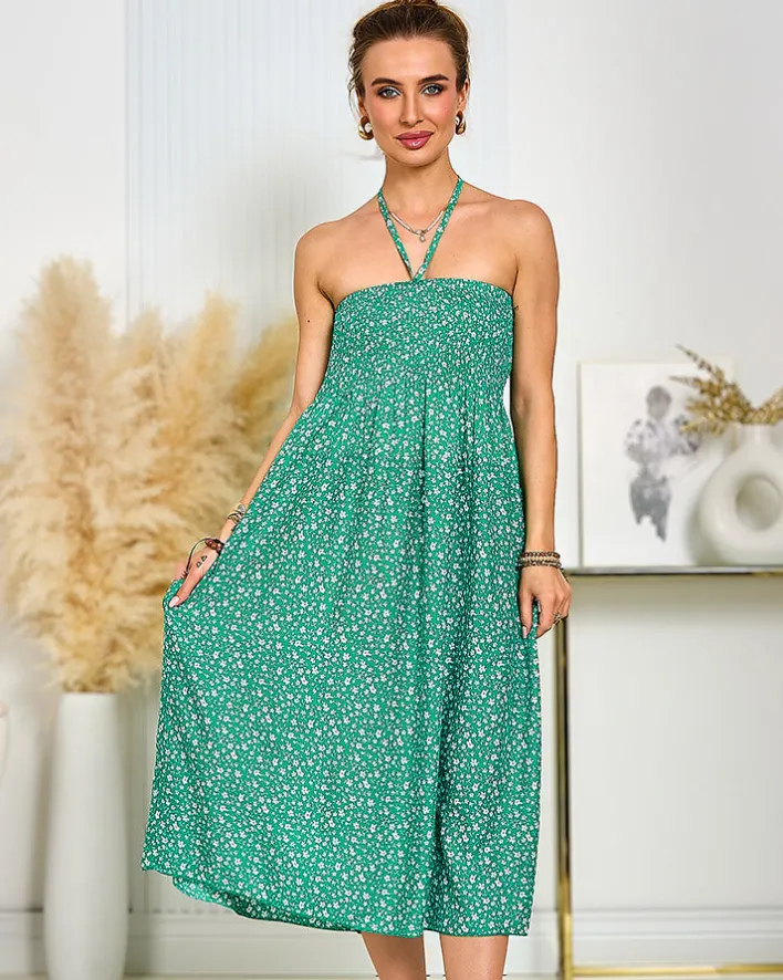 Sukienki Letnie|Sukienki Krótkie^Royalfashion Damska sukienka midi w kwiaty zielony