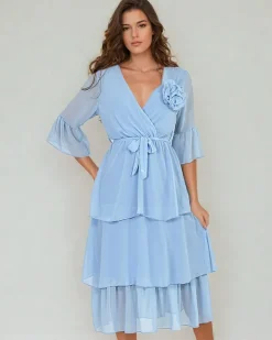 Sukienki Długie^Royalfashion Damska sukienka midi z falbankami Ecru