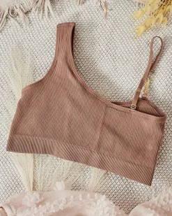 Codzienne^Royalfashion Damski biustonosz prążkowany z ozdobnym ramiączkiem brązowy