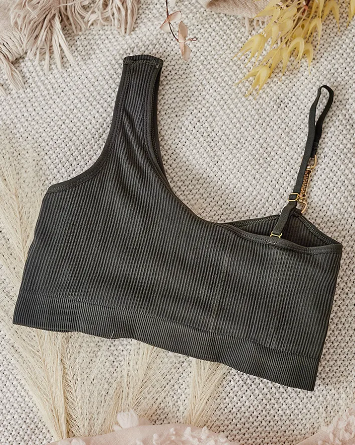 Codzienne^Royalfashion Damski biustonosz prążkowany z ozdobnym ramiączkiem zielony