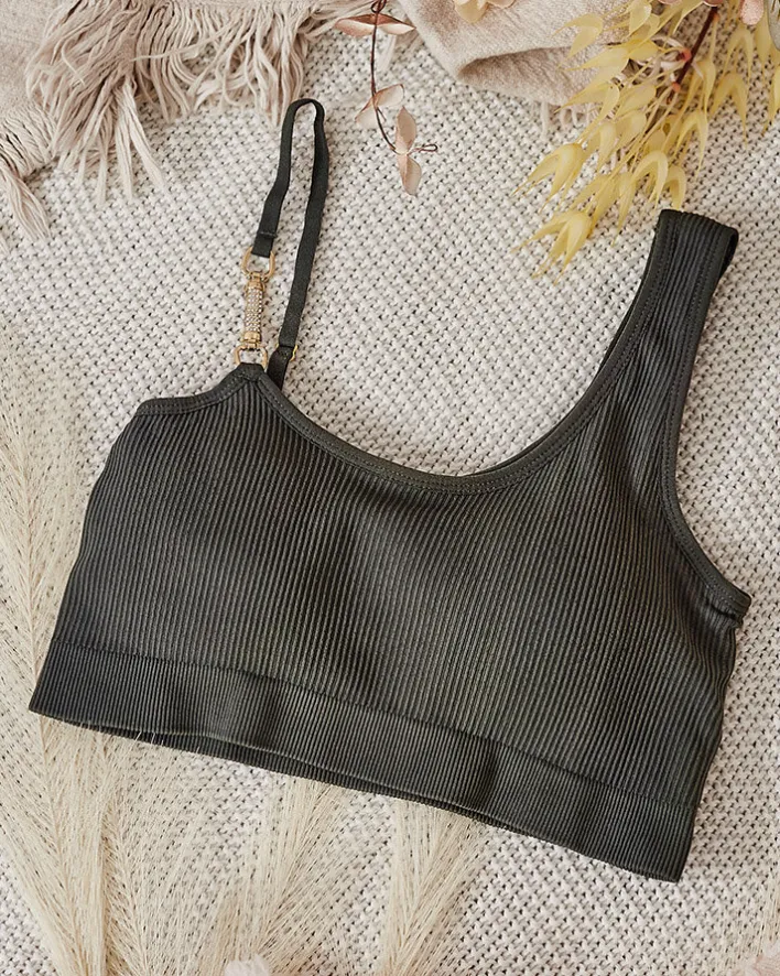 Codzienne^Royalfashion Damski biustonosz prążkowany z ozdobnym ramiączkiem zielony