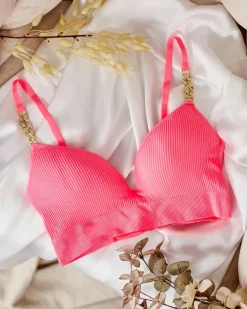 Codzienne^Royalfashion Damski biustonosz prążkowany z ozdobnymi ramiączkami ciemnoróżowy