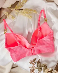 Codzienne^Royalfashion Damski biustonosz prążkowany z ozdobnymi ramiączkami ciemnoróżowy