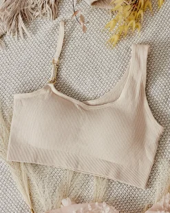 Codzienne^Royalfashion Damski biustonosz prążkowany z ozdobnym ramiączkiem beżowy