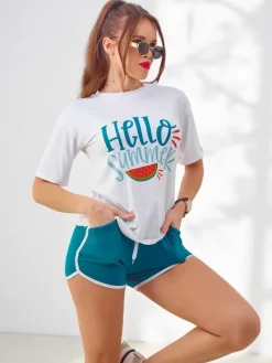Komplety Damskie^Royalfashion Damski komplet sportowy z t-shirtem i krótkimi spodenkami Hello Summer turkusowy