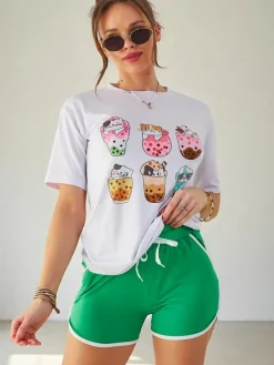 Komplety Damskie^Royalfashion Damski komplet sportowy z t-shirtem i krótkimi spodenkami Kitty Cat zielony