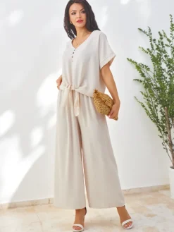 Komplety Damskie^Royalfashion Damski komplet casualowy z bluzką z krótkim rękawem i szerokimi spodniami Jasny beż