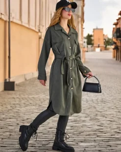 Kurtki / Marynarki / Płaszcze^Royalfashion Damski płaszcz typu koszula zielony