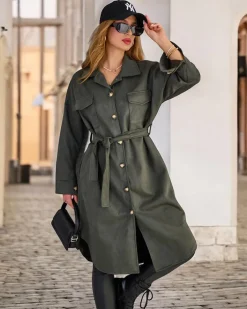 Kurtki / Marynarki / Płaszcze^Royalfashion Damski płaszcz typu koszula zielony