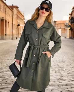 Kurtki / Marynarki / Płaszcze^Royalfashion Damski płaszcz typu koszula zielony