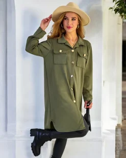 Kurtki / Marynarki / Płaszcze^Royalfashion Damski płaszcz typu koszula zielony