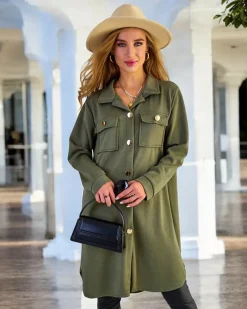 Kurtki / Marynarki / Płaszcze^Royalfashion Damski płaszcz typu koszula zielony