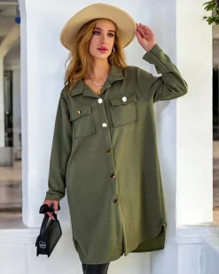 Kurtki / Marynarki / Płaszcze^Royalfashion Damski płaszcz typu koszula zielony