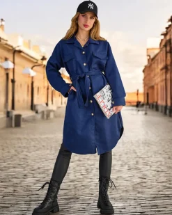 Kurtki / Marynarki / Płaszcze^Royalfashion Damski płaszcz typu koszula Granatowy