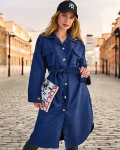 Kurtki / Marynarki / Płaszcze^Royalfashion Damski płaszcz typu koszula Granatowy