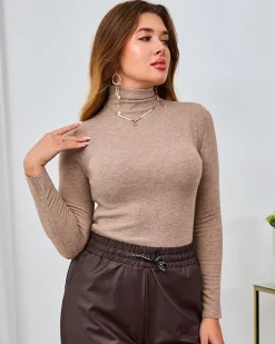 Plus Size|Swetry^Royalfashion Damski sweter typu półgolf w kolorze jasnobrązowym jasny brązowy