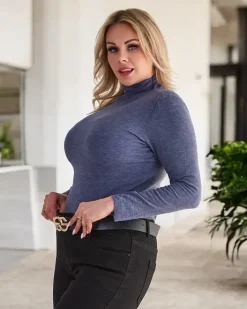 Plus Size|Swetry^Royalfashion Damski sweter typu półgolf w kolorze niebieskim Ecru