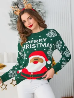 Swetry^Royalfashion Damski świąteczny sweter z mikołajem zielony