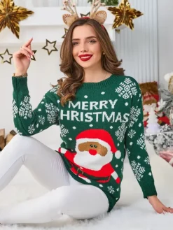 Swetry^Royalfashion Damski świąteczny sweter z mikołajem zielony