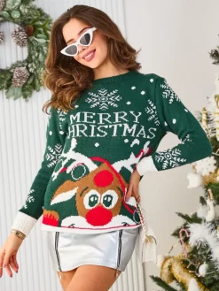 Swetry^Royalfashion Damski świąteczny sweter z reniferem w kolorze m zielony