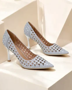 Szpilki|Klasyczne^Royalfashion Damskie ażurowe czółenka na szpilce Ecatte srebrny