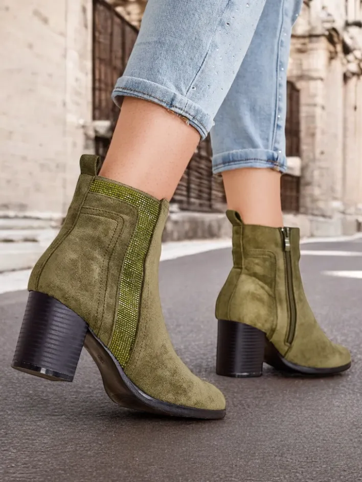 Botki Na Słupku|Nowość^Royalfashion Damskie botki na słupku Venotto zielony