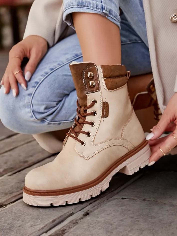 Workery|Botki Sznurowane^Royalfashion Damskie botki workery Fiemo beżowy
