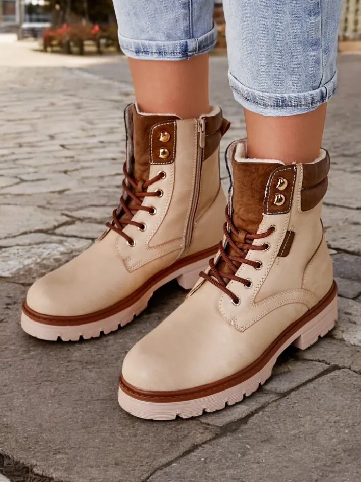 Workery|Botki Sznurowane^Royalfashion Damskie botki workery Fiemo beżowy