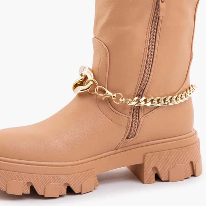 Kozaki Na Płaskim Obcasie|Kozaki Z Ociepleniem^Royalfashion Damskie brązowe kozaki z łańcuszkiem Sudzi brązowy