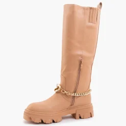 Kozaki Na Płaskim Obcasie|Kozaki Z Ociepleniem^Royalfashion Damskie brązowe kozaki z łańcuszkiem Sudzi brązowy