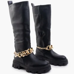 Kozaki Na Płaskim Obcasie|Kozaki Z Ociepleniem^Royalfashion Damskie czarne kozaki z łańcuszkiem Sudzi czarny