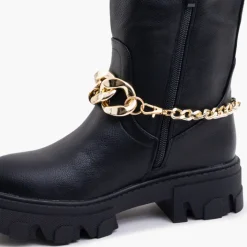 Kozaki Na Płaskim Obcasie|Kozaki Z Ociepleniem^Royalfashion Damskie czarne kozaki z łańcuszkiem Sudzi czarny