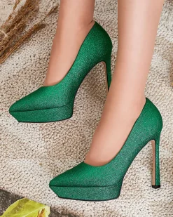 Klasyczne^Royalfashion Damskie czółenka na słupku z brokatem Atekita zielony