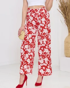 Spodnie Materiałowe^Royalfashion Damskie czerwone kwiatowe spodnie typu palazzo czerwony