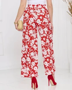 Spodnie Materiałowe^Royalfashion Damskie czerwone kwiatowe spodnie typu palazzo czerwony