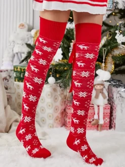 Skarpetki^Royalfashion Damskie długie świąteczne skarpety czerwony