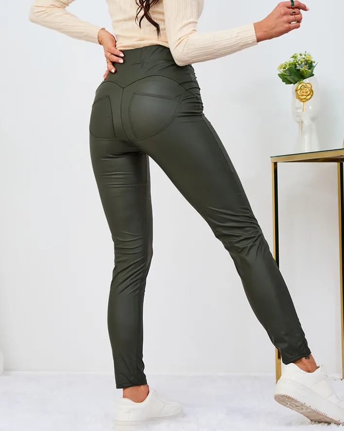 Legginsy / Tregginsy^Royalfashion Damskie eko-skórzane tregginsy w kolorze m zielony