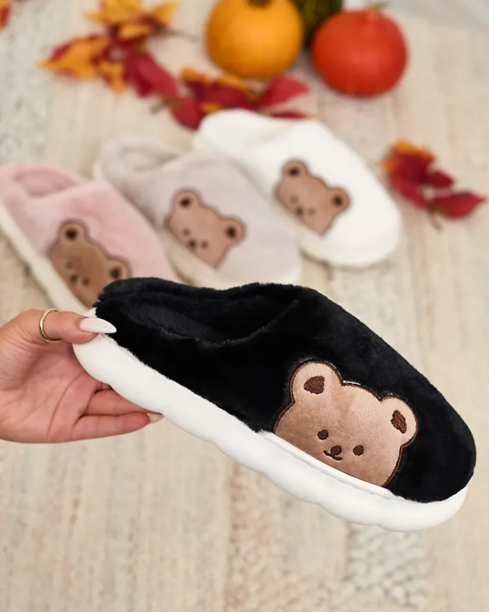 Kapcie^Royalfashion Damskie futrzane kapcie z misiem w kolorze m Fetemes czarny