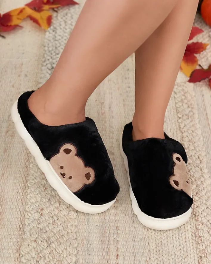 Kapcie^Royalfashion Damskie futrzane kapcie z misiem w kolorze m Fetemes czarny