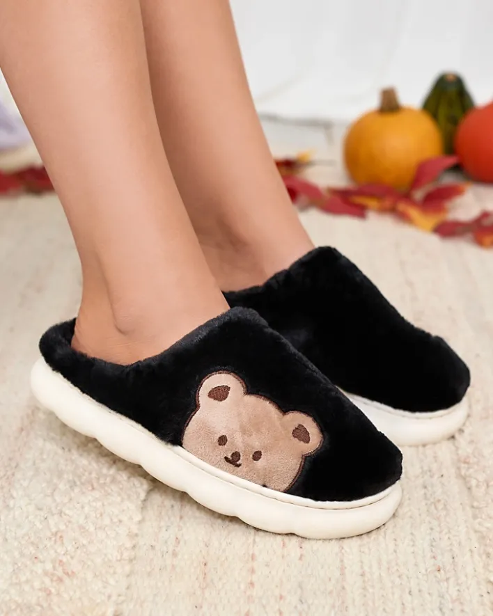Kapcie^Royalfashion Damskie futrzane kapcie z misiem w kolorze m Fetemes czarny
