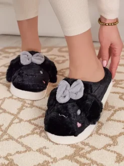 Kapcie^Royalfashion Damskie futrzane kapcie z kokardką Savos czarny