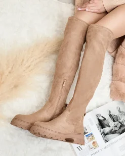 Kozaki Na Płaskim Obcasie|Kozaki Z Ociepleniem^Royalfashion Damskie kozaki za kolano Ridesel jasny brązowy