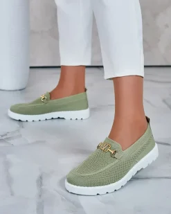 Espadryle Płaskie|Mokasyny Na Płaskiej Podeszwie^Royalfashion Damskie materiałowe mokasyny ze złotą ozdobą Erticae zielony